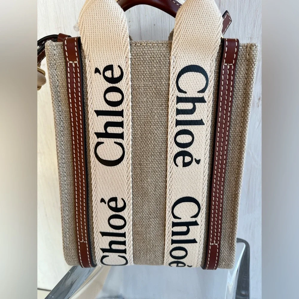 Chloé Mini Woody Linen Canvas North/South Tote- White-Brown
